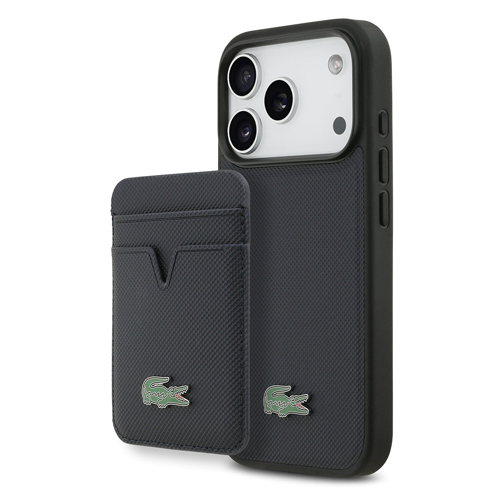 Lacoste iPhone 17 Pro Orjinal Lisanslı M-safe Şarj Özellikli PU Pike Desenli Metal Logolu Kartlıklı Kılıf