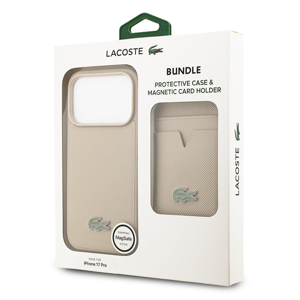 Lacoste iPhone 17 Pro Orjinal Lisanslı M-safe Şarj Özellikli PU Pike Desenli Metal Logolu Kartlıklı Kılıf