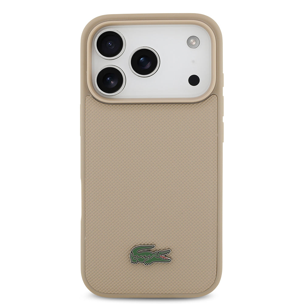 Lacoste iPhone 17 Pro Orjinal Lisanslı M-safe Şarj Özellikli PU Pike Desenli Metal Logolu Kartlıklı Kılıf