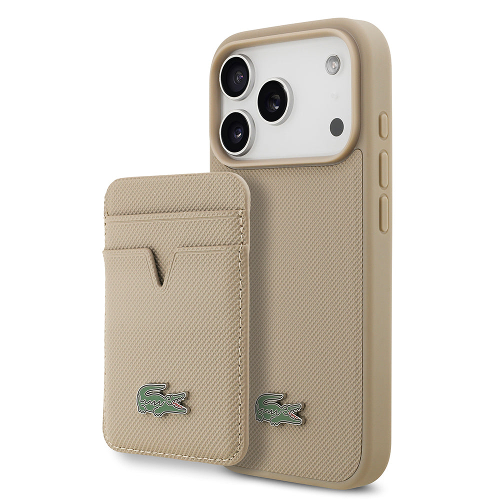Lacoste iPhone 17 Pro Orjinal Lisanslı M-safe Şarj Özellikli PU Pike Desenli Metal Logolu Kartlıklı Kılıf