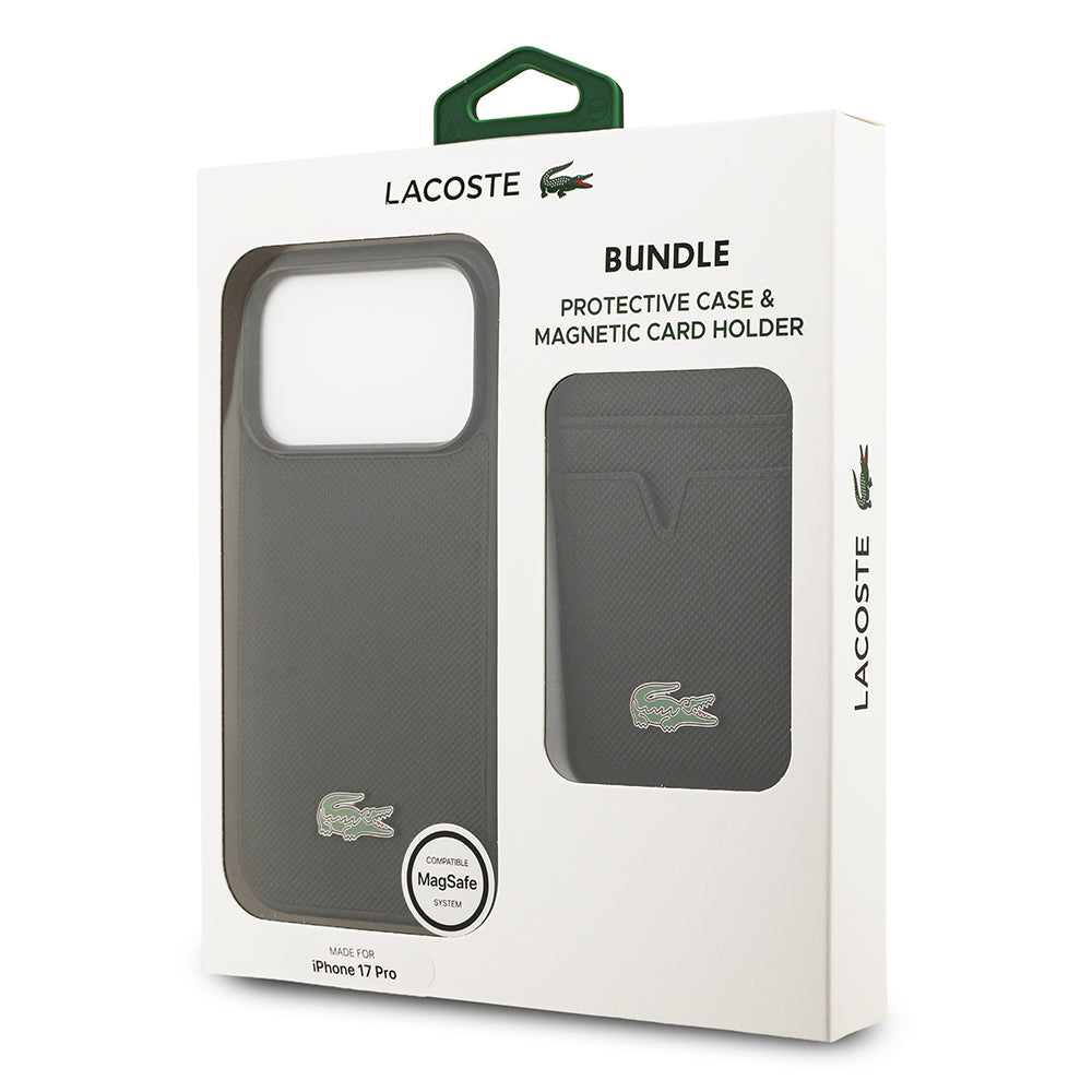 Lacoste iPhone 17 Pro Orjinal Lisanslı M-safe Şarj Özellikli PU Pike Desenli Metal Logolu Kartlıklı Kılıf