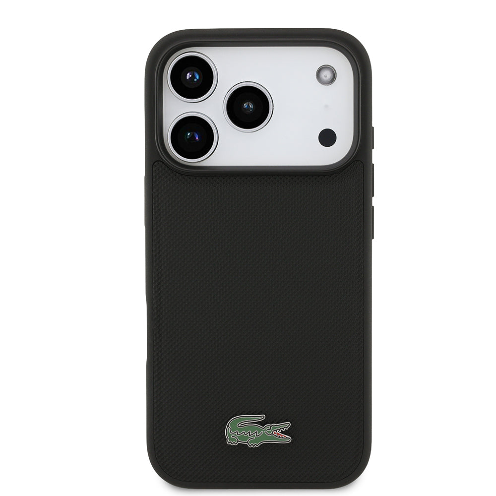 Lacoste iPhone 17 Pro Orjinal Lisanslı M-safe Şarj Özellikli PU Pike Desenli Metal Logolu Kartlıklı Kılıf