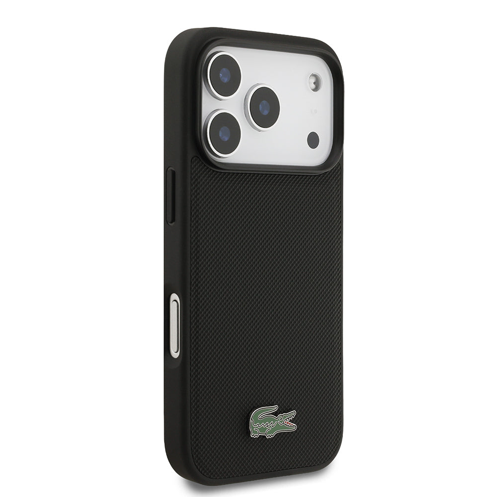 Lacoste iPhone 17 Pro Orjinal Lisanslı M-safe Şarj Özellikli PU Pike Desenli Metal Logolu Kartlıklı Kılıf