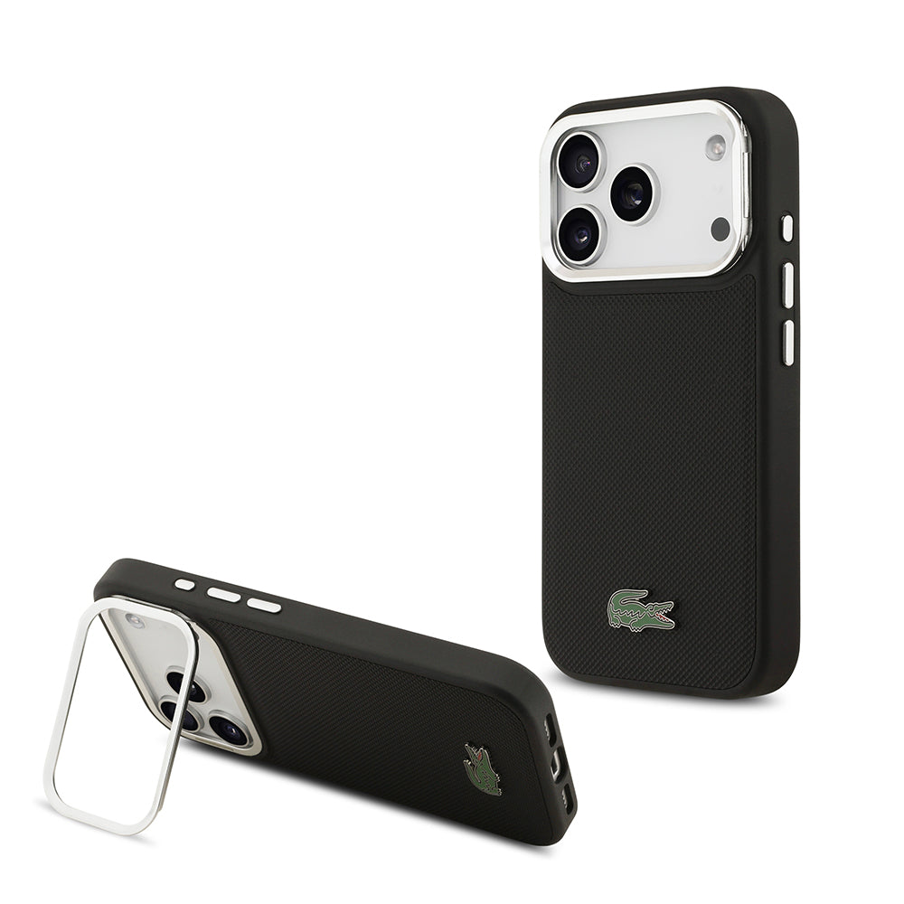 Lacoste iPhone 17 Pro Orjinal Lisanslı M-safe PU Pike Desenli Standlı Metal Logolu Telefon Kılıfı