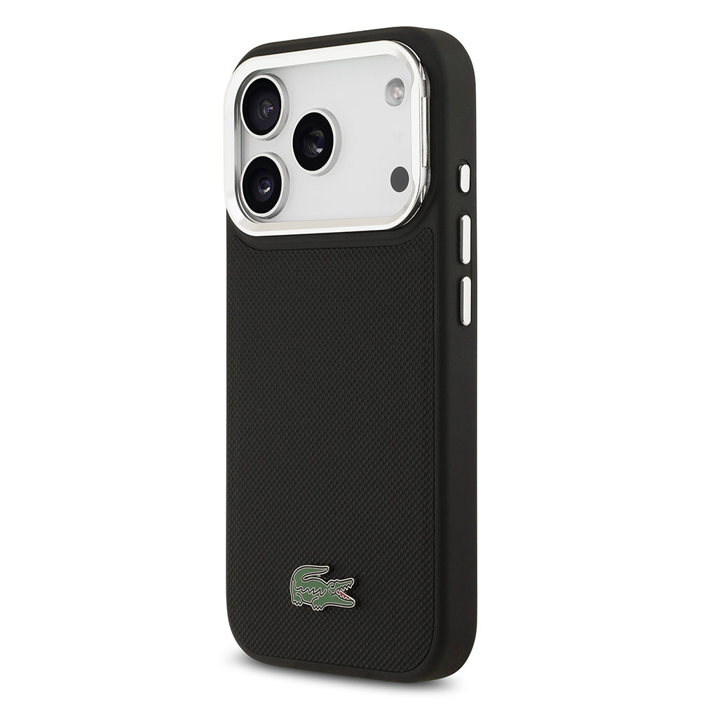 Lacoste iPhone 17 Pro Orjinal Lisanslı M-safe PU Pike Desenli Standlı Metal Logolu Kılıf