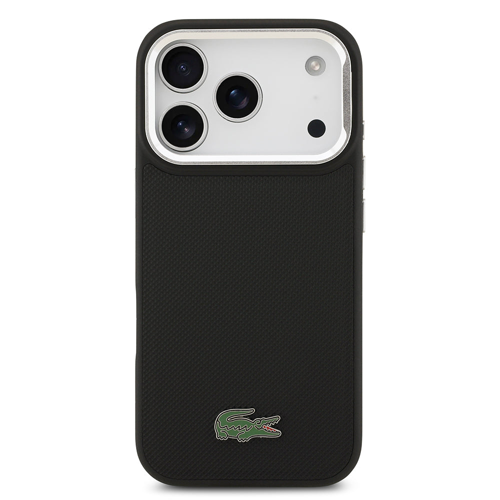 Lacoste iPhone 17 Pro Orjinal Lisanslı M-safe PU Pike Desenli Standlı Metal Logolu Kılıf