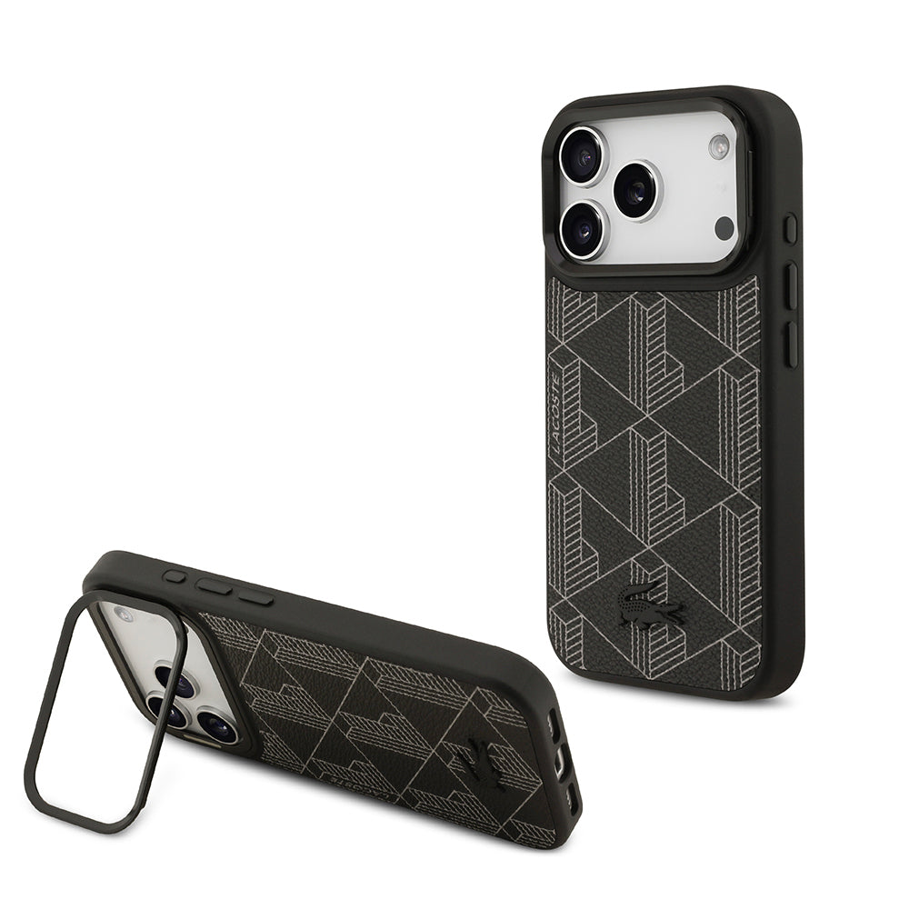 Lacoste iPhone 17 Pro Orjinal Lisanslı M-safe Şarj Özellikli Standlı PU Deri Karışık Monogram Desenli Kılıf