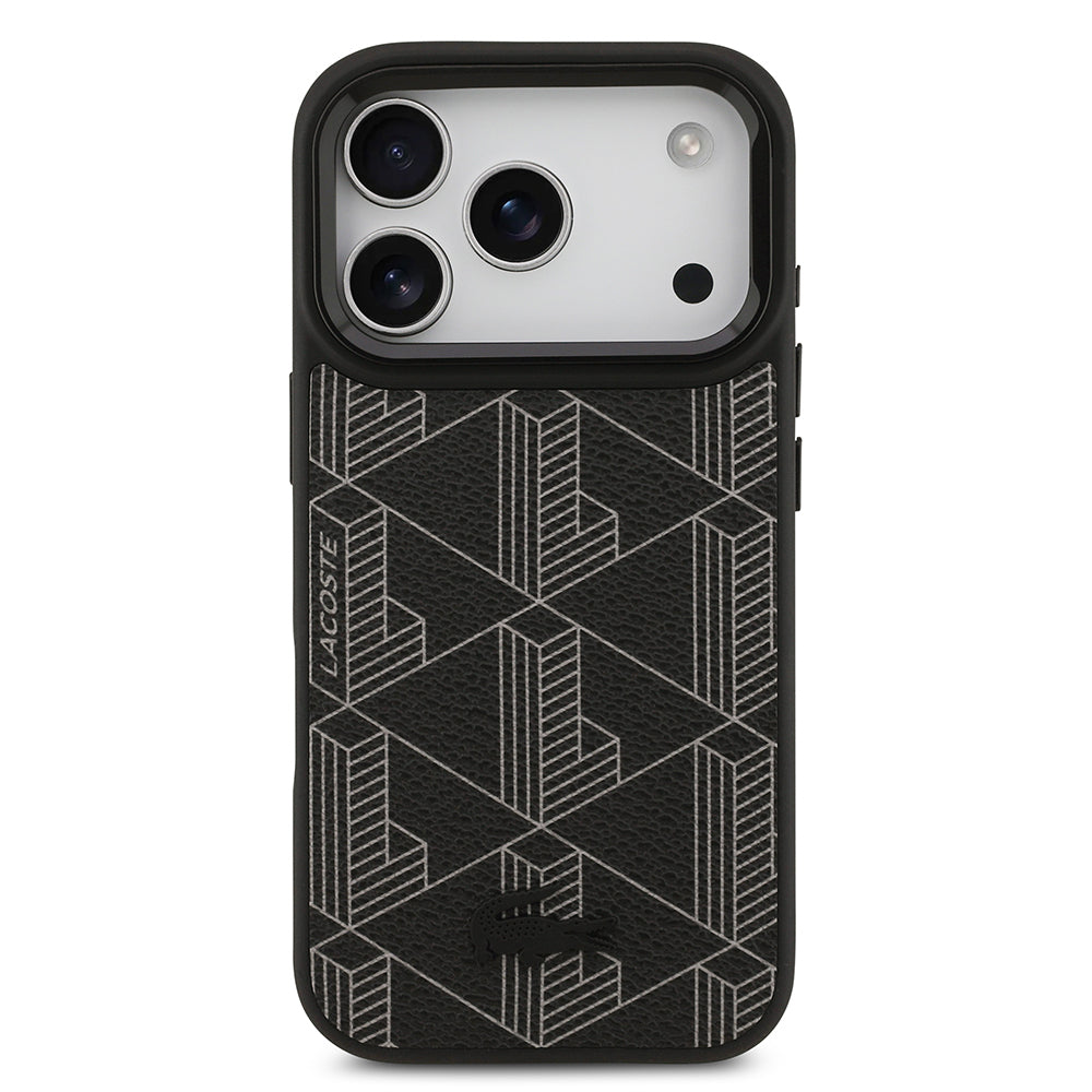 Lacoste iPhone 17 Pro Orjinal Lisanslı M-safe Şarj Özellikli Standlı PU Deri Karışık Monogram Desenli Kılıf