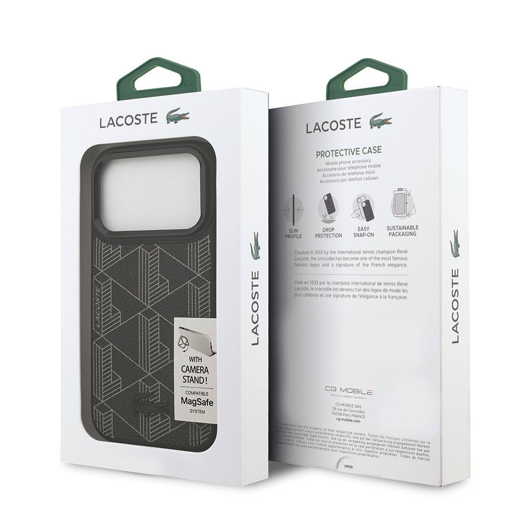 Lacoste iPhone 17 Pro Orjinal Lisanslı M-safe Şarj Özellikli Standlı PU Deri Karışık Monogram Desenli Kılıf