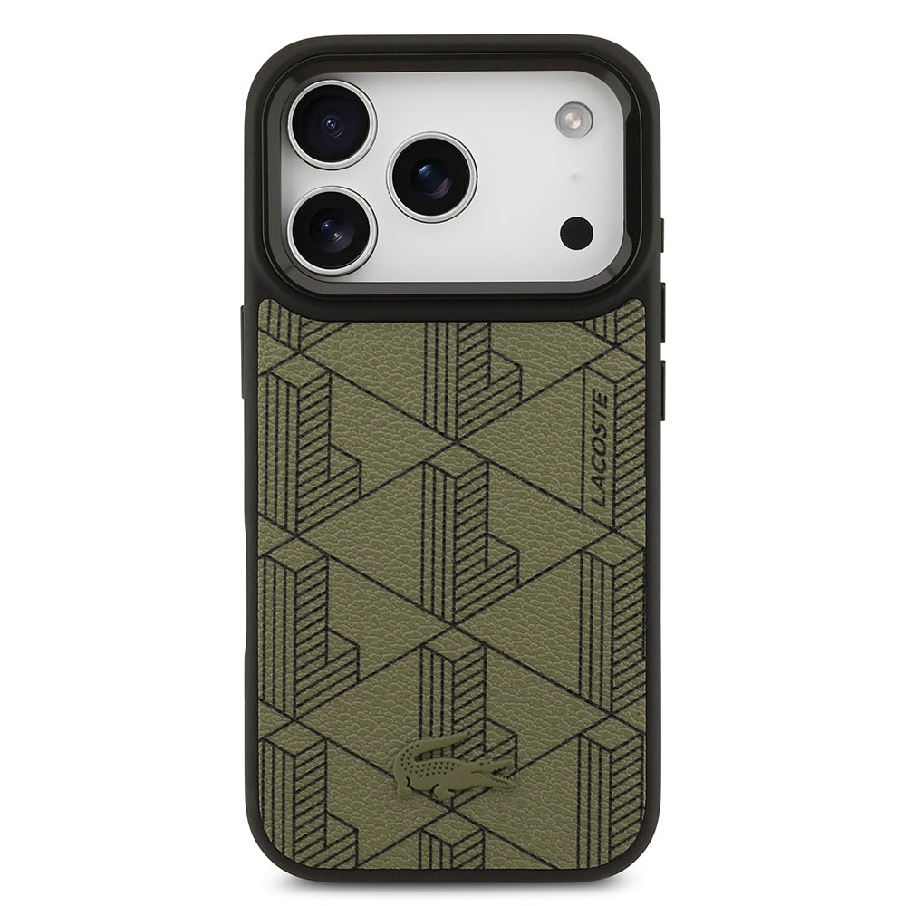 Lacoste iPhone 17 Pro Orjinal Lisanslı M-safe Şarj Özellikli Standlı PU Deri Karışık Monogram Desenli Kılıf