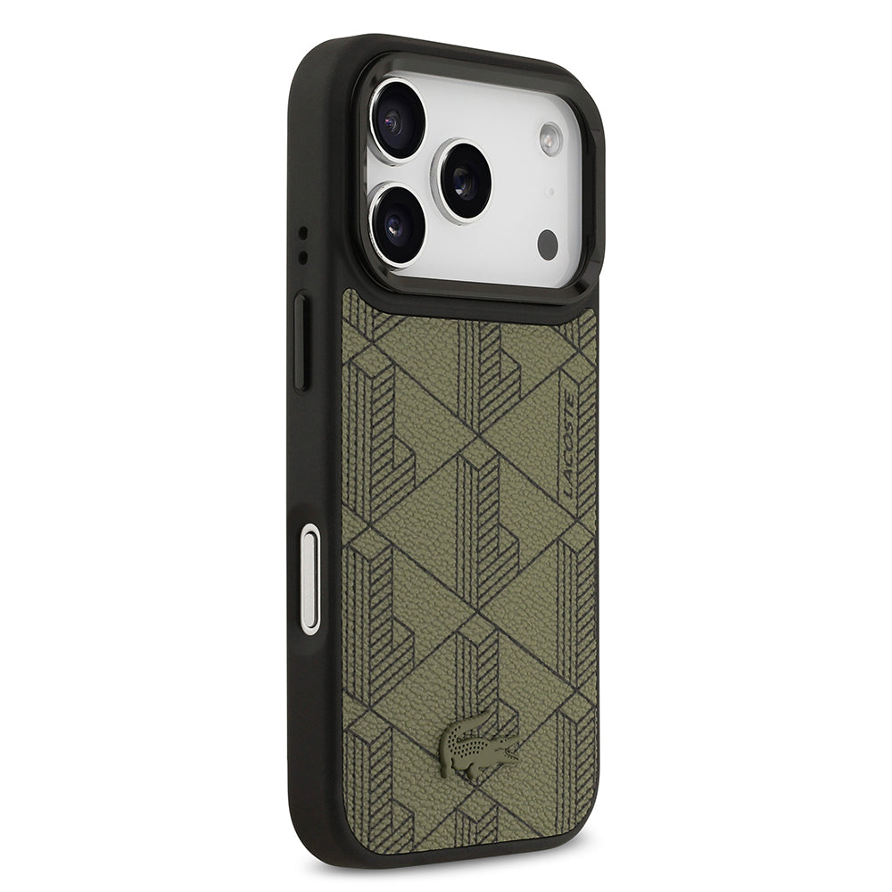 Lacoste iPhone 17 Pro Orjinal Lisanslı M-safe Şarj Özellikli Standlı PU Deri Karışık Monogram Desenli Kılıf