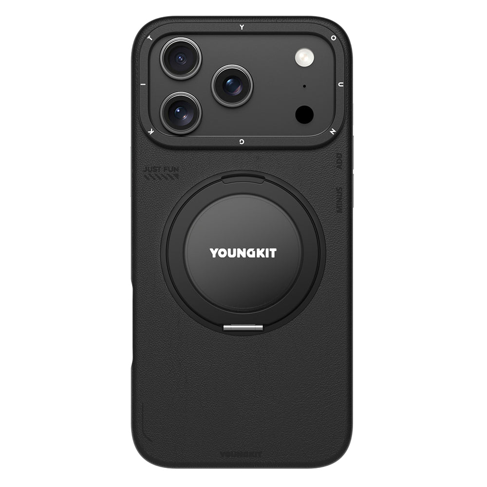 Youngkit Tech Leather Serisi iPhone 17 Pro M-safe Şarj Özellikli 360 Derece Standlı Basit Mat Deri Desenli Kılıf