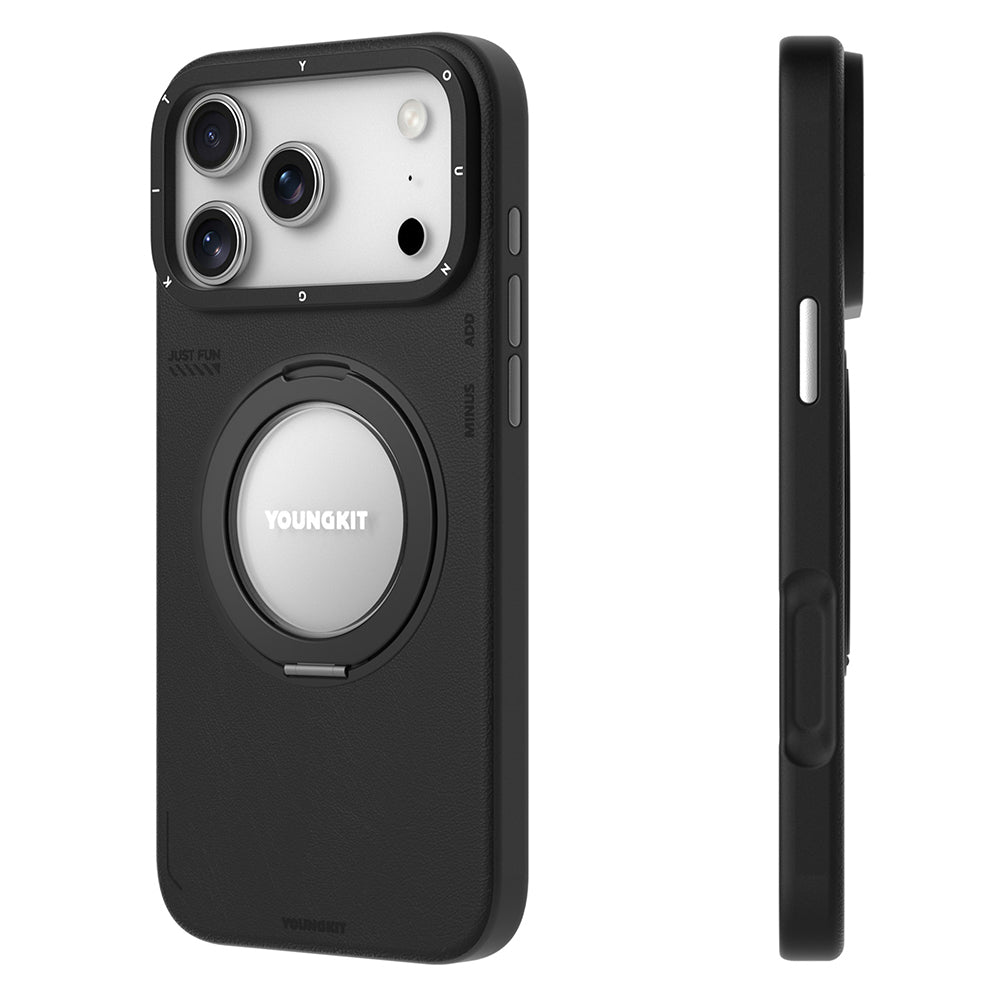 Youngkit Tech Leather Serisi iPhone 17 Pro M-safe Şarj Özellikli 360 Derece Standlı Basit Mat Deri Desenli Kılıf