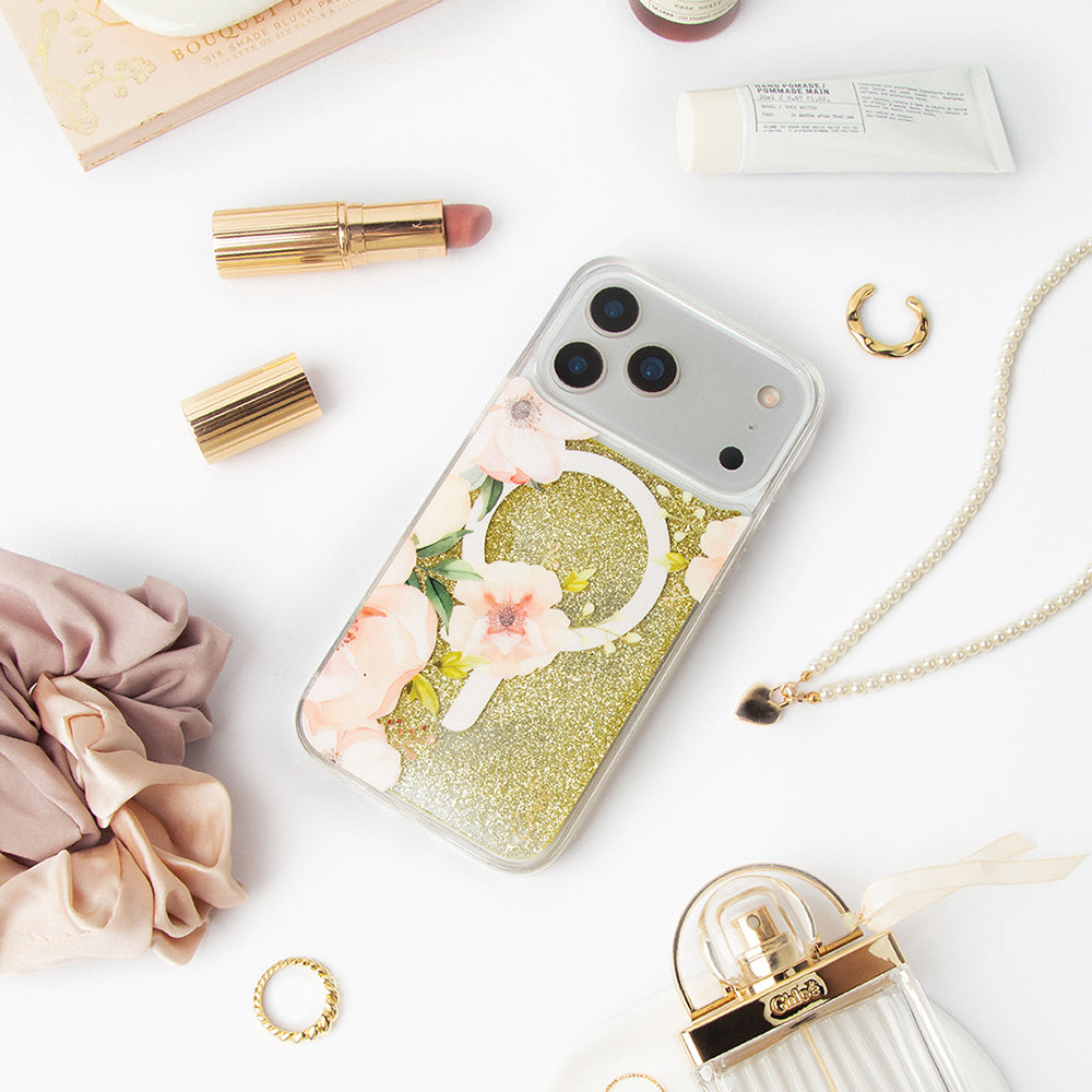 Coehl Fleurette iPhone 17 Pro M-safe Şarj Özellikli Çiçek Desenli Simli Arka Yüzey Telefon Kılıfı