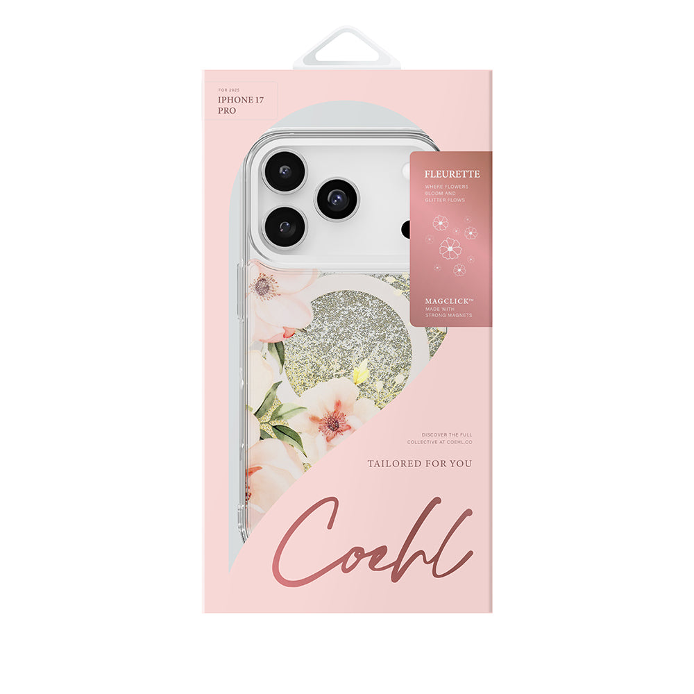 Coehl Fleurette iPhone 17 Pro M-safe Şarj Özellikli Çiçek Desenli Simli Arka Yüzey Telefon Kılıfı
