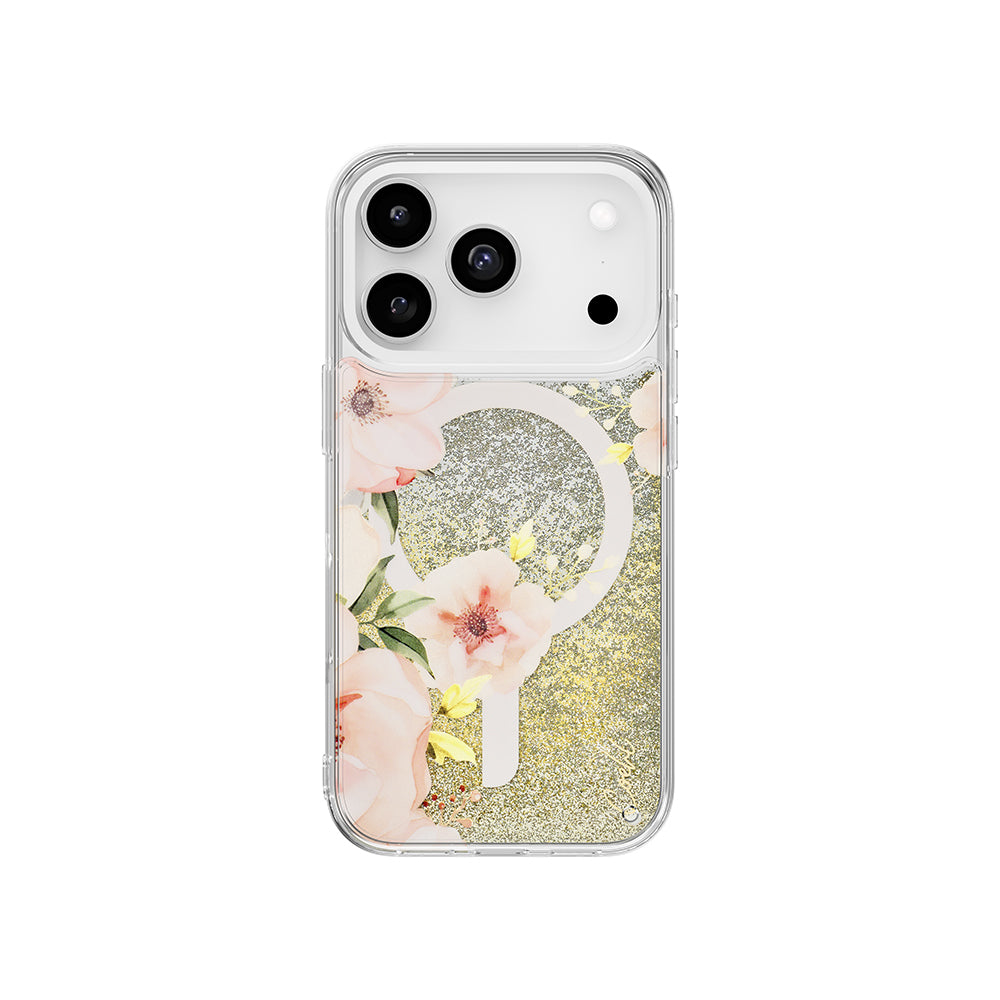Coehl Fleurette iPhone 17 Pro M-safe Şarj Özellikli Çiçek Desenli Simli Arka Yüzey Telefon Kılıfı