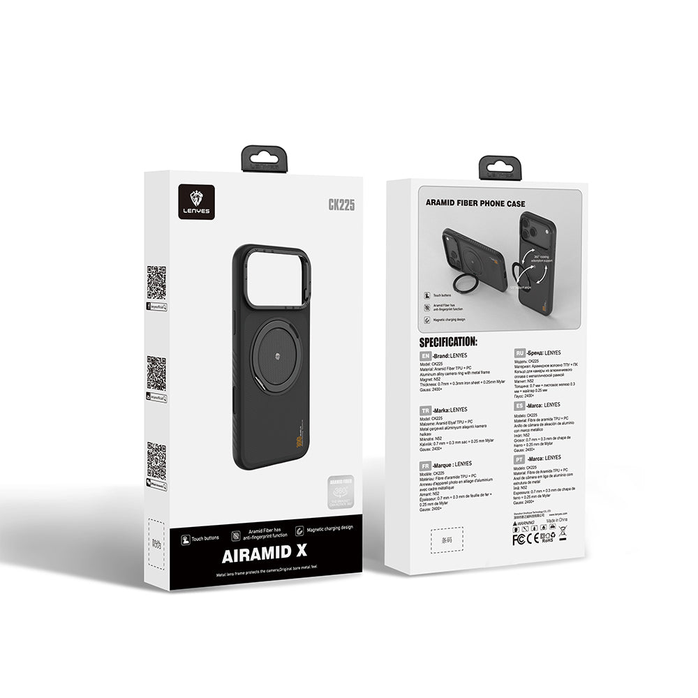 Lenyes CK225 Kevlar iPhone 17 Pro M-safe Şarj Özellikli Metal Standlı Telefon Kılıfı