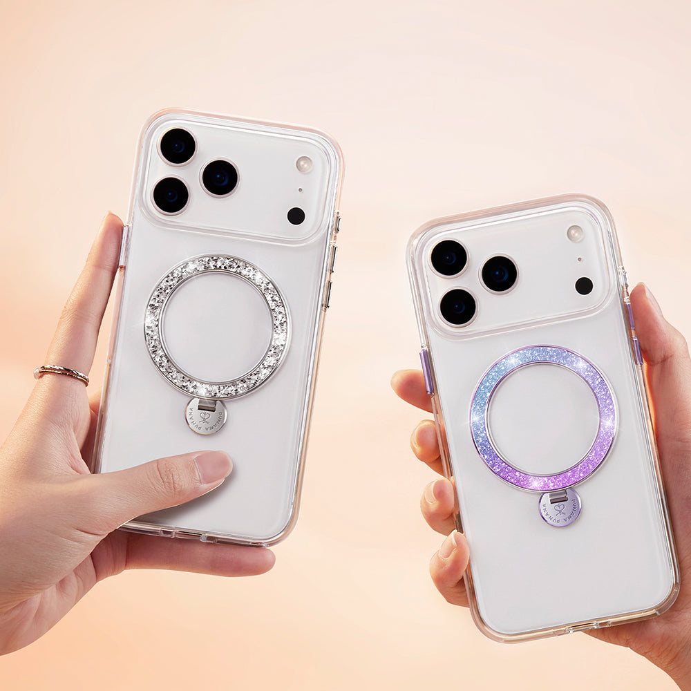 Pynana Dancing Circle Trendy Serisi iPhone 17 Pro M-safe Şarj Özellikli Simli Standlı Telefon Kılıfı