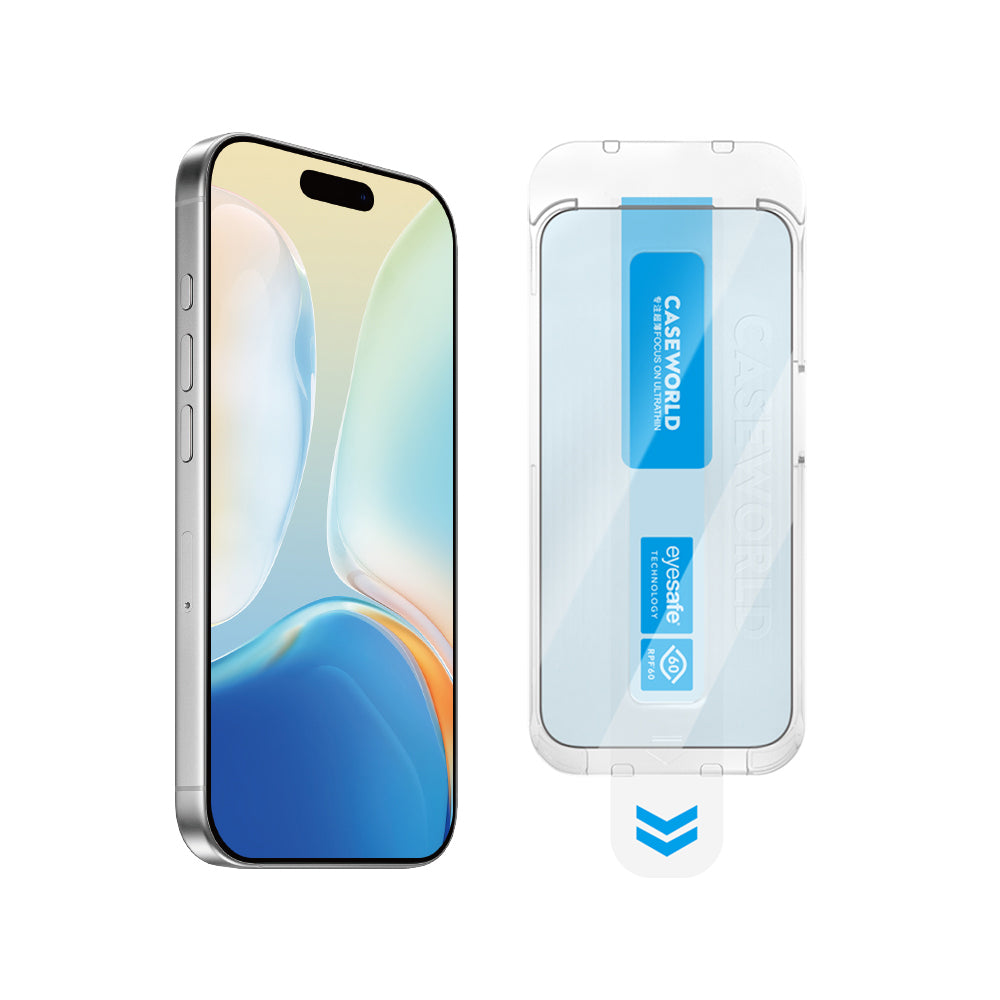 iPhone 17 Pro Max CaseWorld Applicator Serisi 2.5D Eyesafe Mavi Işık Teknolojili Safir 0.33mm Temperli Cam Ekran Koruyucu + Uygulama Aparatı