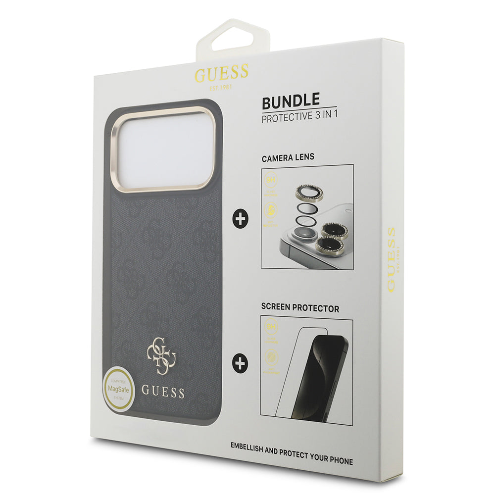 Guess iPhone 17 Pro Max Orjinal Lisanslı 4G ve Yazı Logolu Kılıf + Ekran Koruyucu + Lens Koruyucu 3in1 Aksesuar Seti