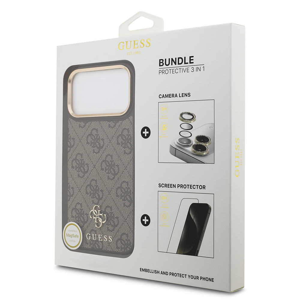 Guess iPhone 17 Pro Max Orjinal Lisanslı 4G ve Yazı Logolu Kılıf + Ekran Koruyucu + Lens Koruyucu 3in1 Aksesuar Seti