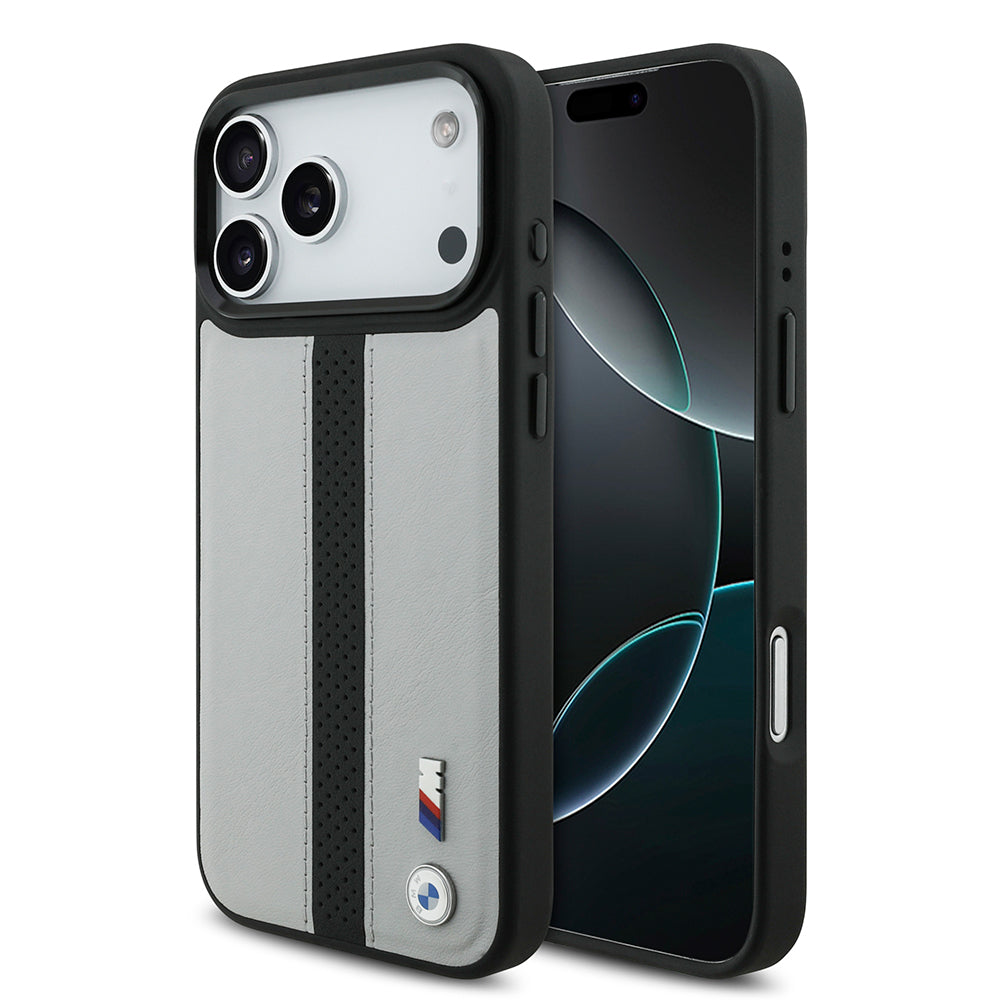 BMW iPhone 17 Pro Max Orjinal Lisanslı M-safe Deri Arka Yüzey Metal Logolu Delikli Şerit Tasarımlı Telefon Kılıfı