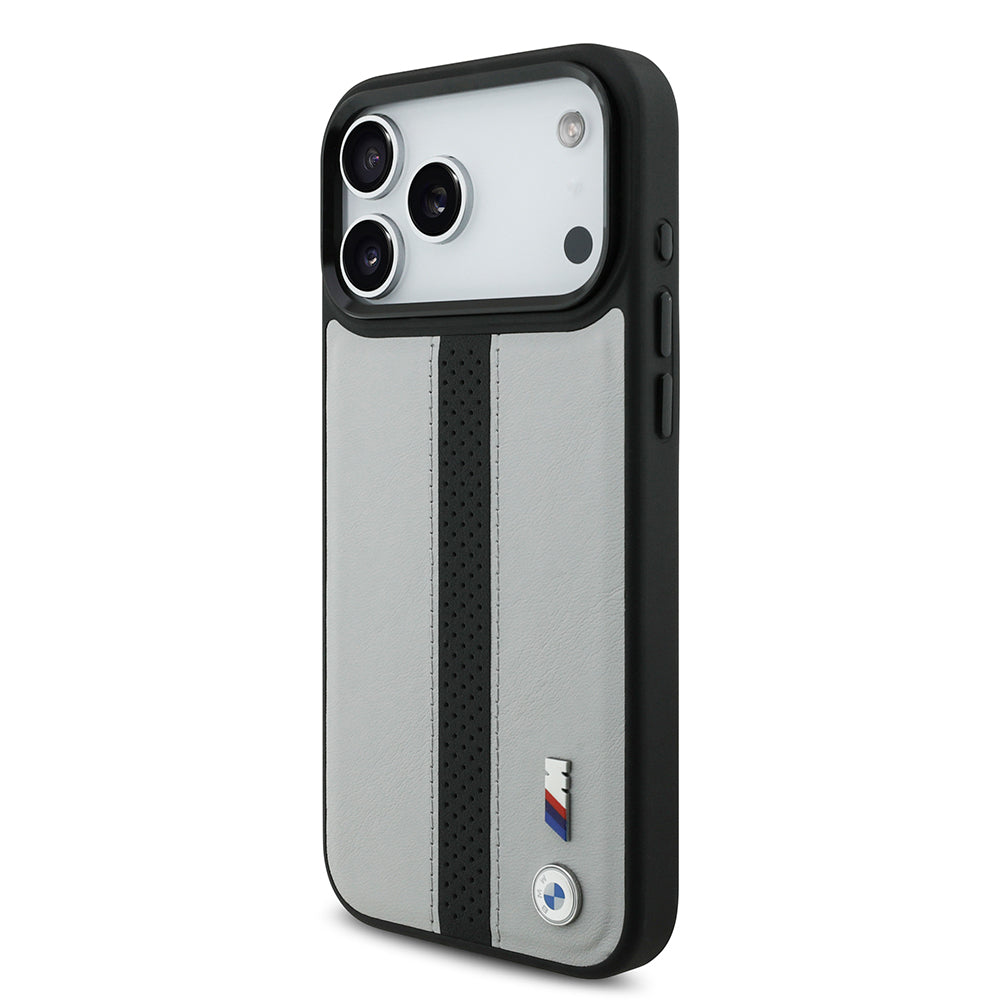 BMW iPhone 17 Pro Max Orjinal Lisanslı M-safe Deri Arka Yüzey Metal Logolu Delikli Şerit Tasarımlı Kılıf
