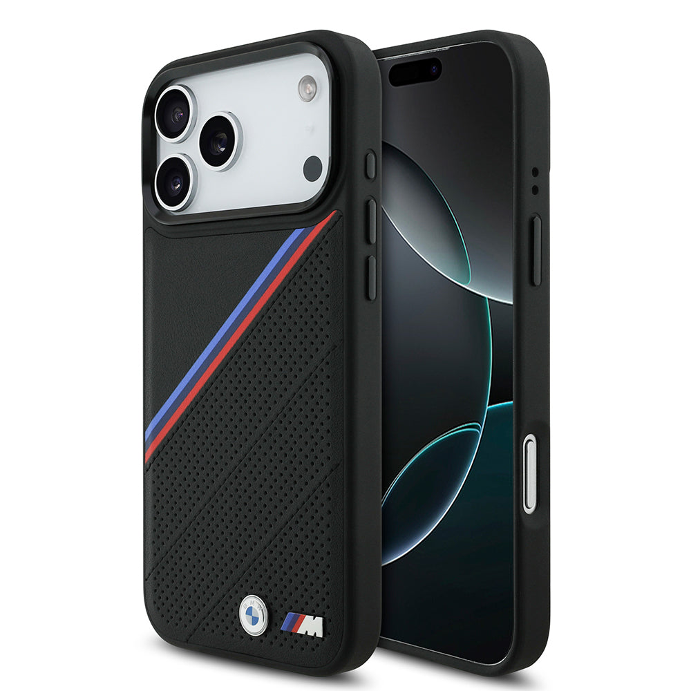 BMW iPhone 17 Pro Max Orjinal Lisanslı M-safe Şarj Özellikli M Logolu Üç Şeritli Delikli Deri Kılıf