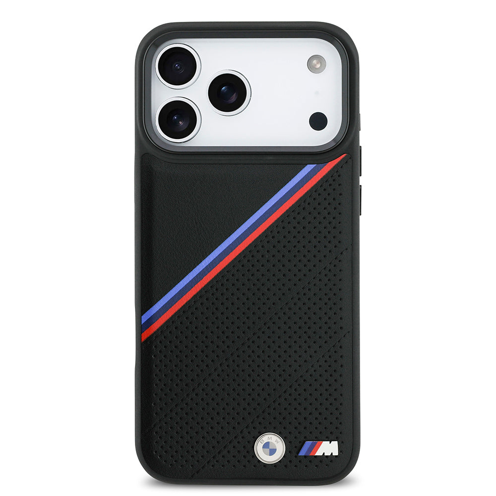 BMW iPhone 17 Pro Max Orjinal Lisanslı M-safe Şarj Özellikli M Logolu Üç Şeritli Delikli Deri Kılıf