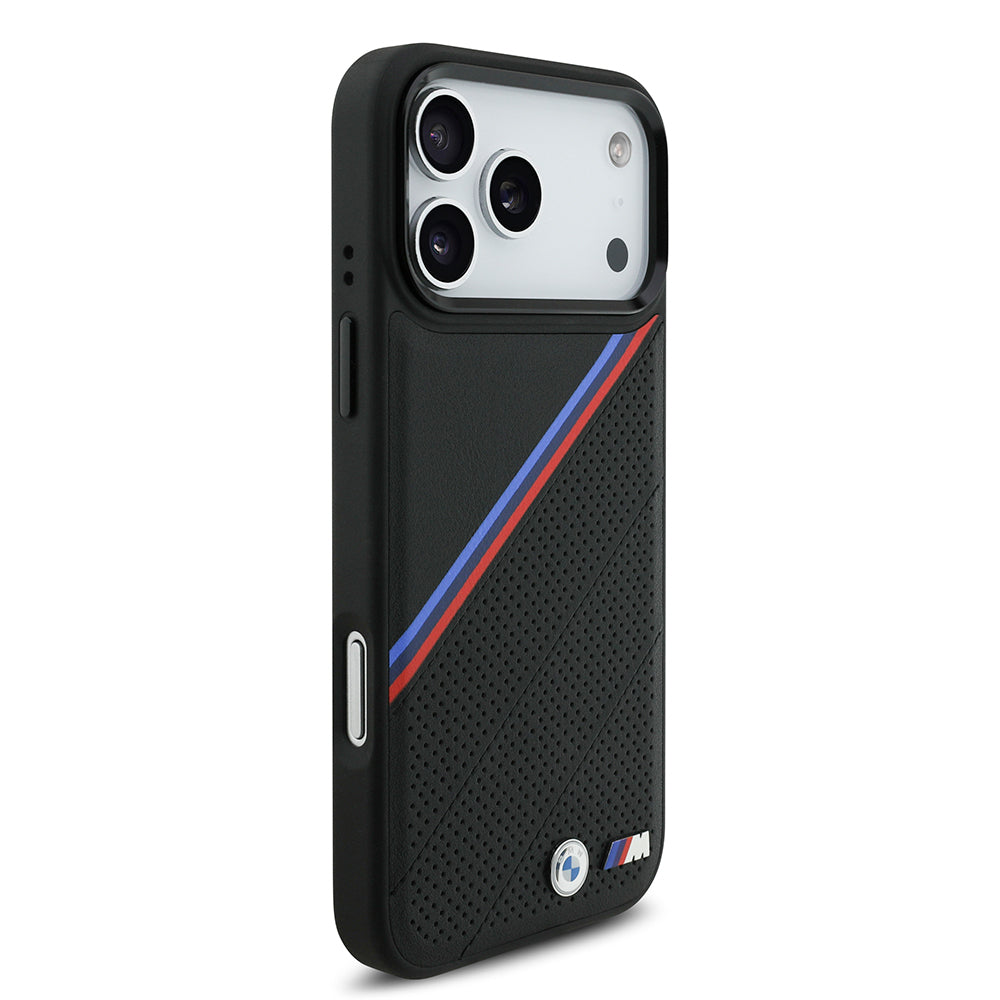 BMW iPhone 17 Pro Max Orjinal Lisanslı M-safe Şarj Özellikli M Logolu Üç Şeritli Delikli Deri Kılıf
