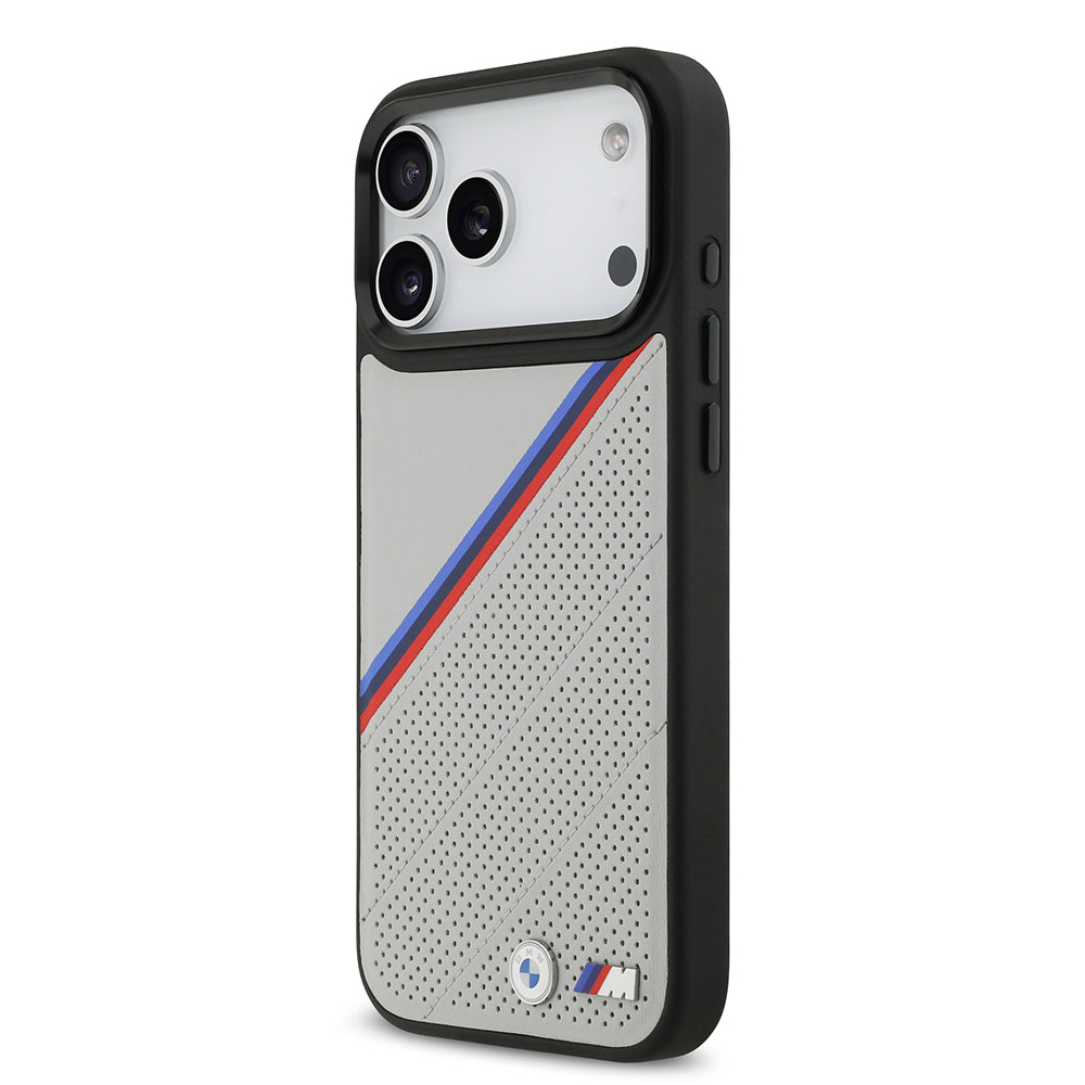 BMW iPhone 17 Pro Max Orjinal Lisanslı M-safe Şarj Özellikli M Logolu Üç Şeritli Delikli Deri Kılıf
