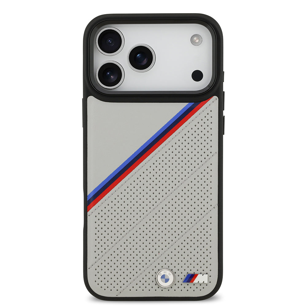 BMW iPhone 17 Pro Max Orjinal Lisanslı M-safe Şarj Özellikli M Logolu Üç Şeritli Delikli Deri Kılıf