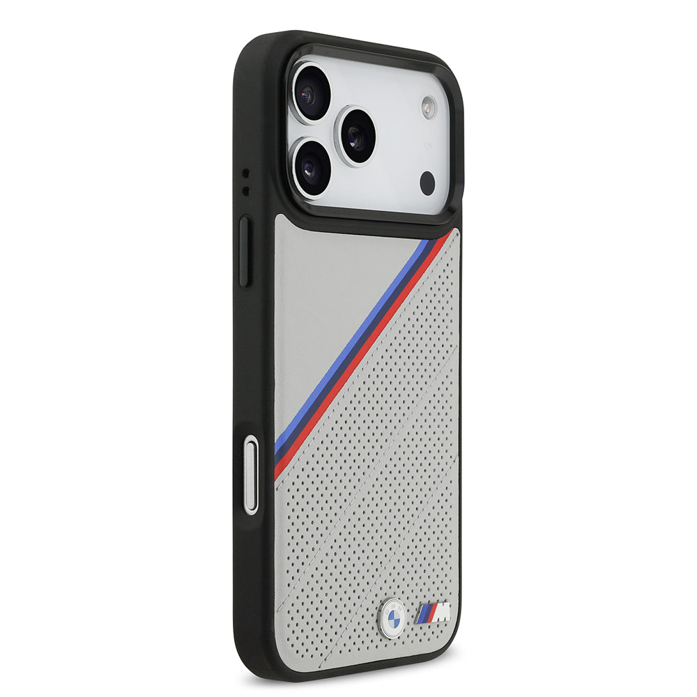 BMW iPhone 17 Pro Max Orjinal Lisanslı M-safe Şarj Özellikli M Logolu Üç Şeritli Delikli Deri Kılıf