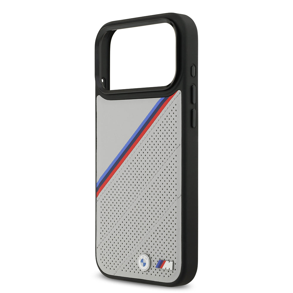 BMW iPhone 17 Pro Max Orjinal Lisanslı M-safe Şarj Özellikli M Logolu Üç Şeritli Delikli Deri Kılıf