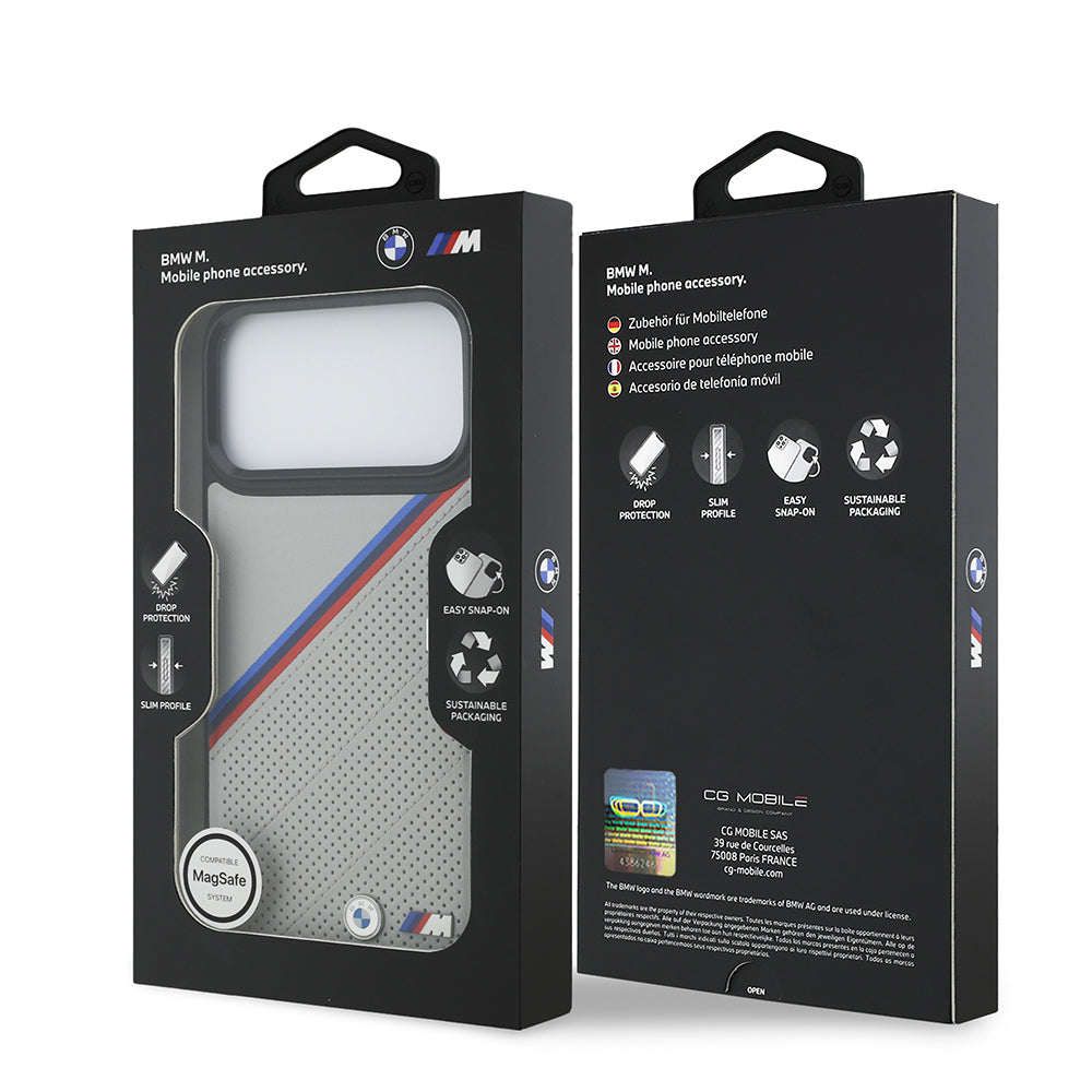 BMW iPhone 17 Pro Max Orjinal Lisanslı M-safe Şarj Özellikli M Logolu Üç Şeritli Delikli Deri Kılıf