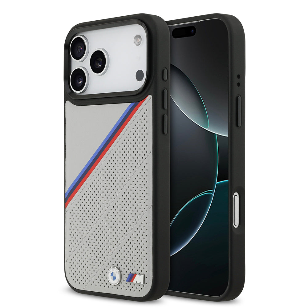 BMW iPhone 17 Pro Max Orjinal Lisanslı M-safe Şarj Özellikli M Logolu Üç Şeritli Delikli Deri Kılıf