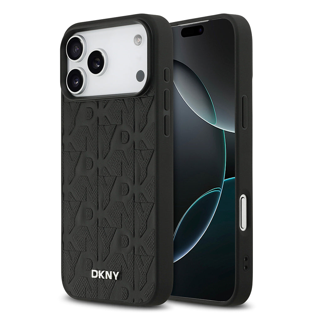 DKNY iPhone 17 Pro Max Orjinal Lisanslı M-safe Şarj Özellikli 3D Yazılı Grid Pattern Telefon Kılıfı