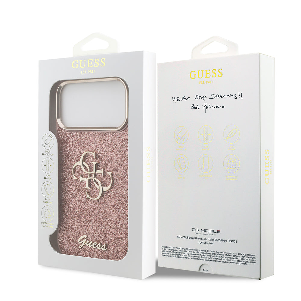 Guess iPhone 17 Pro Max Orjinal Lisanslı 4G Büyük Metal Kamera Çerçeveli ve Logolu Glitter Kılıf