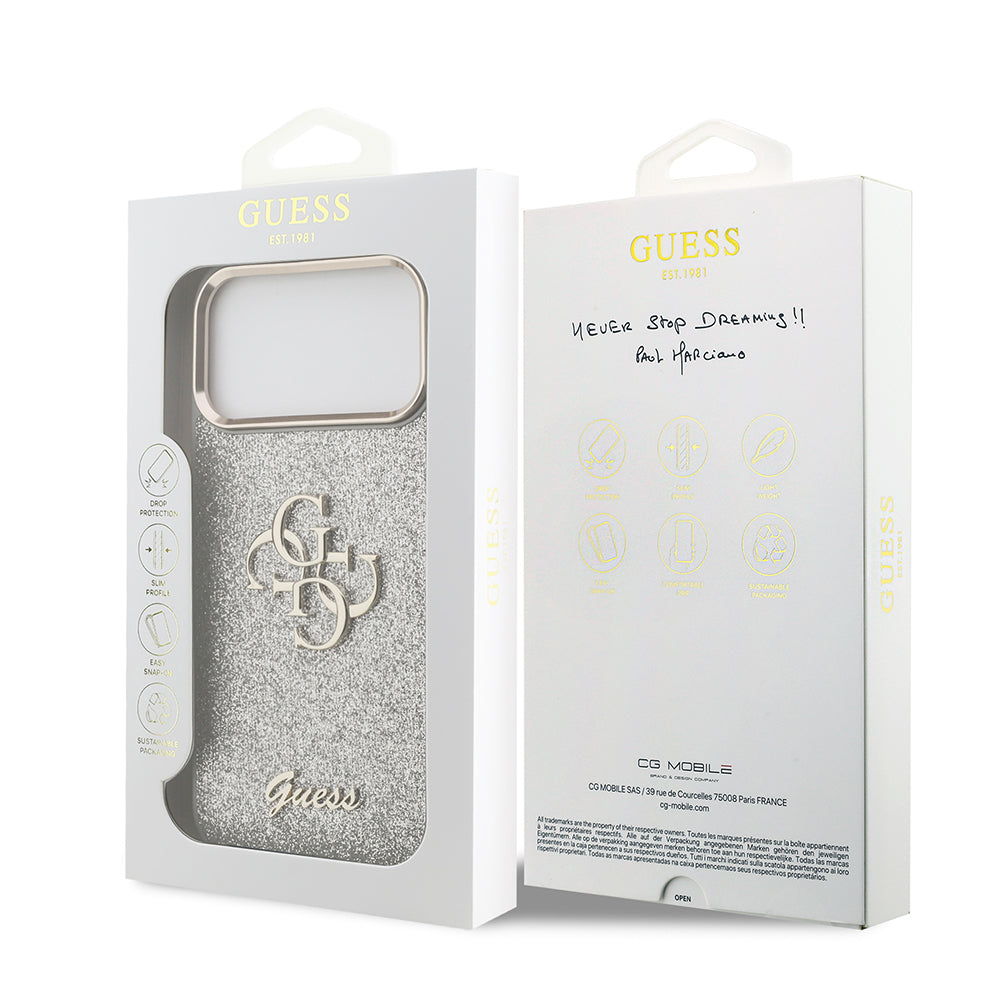 Guess iPhone 17 Pro Max Orjinal Lisanslı 4G Büyük Metal Kamera Çerçeveli ve Logolu Glitter Kılıf