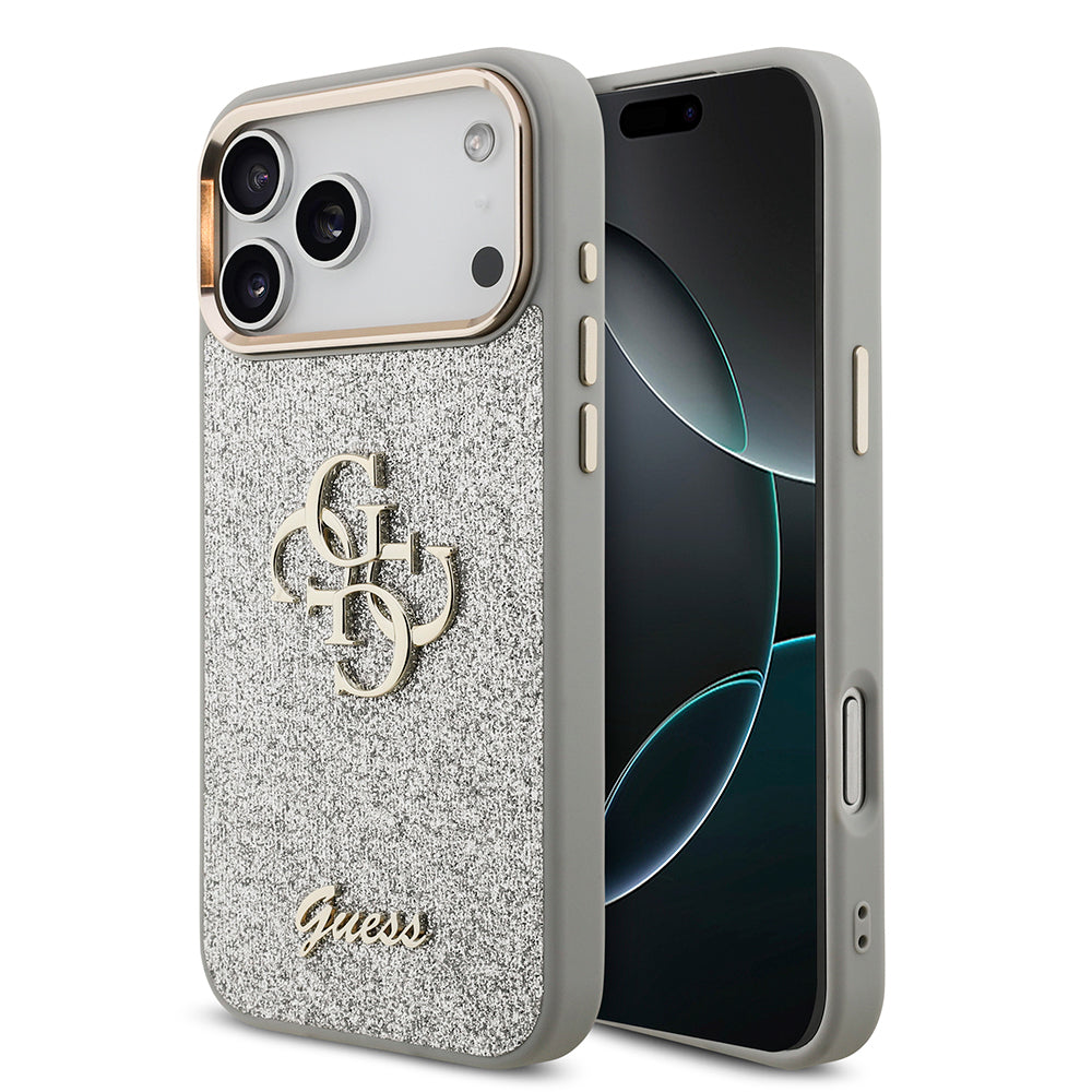 Guess iPhone 17 Pro Max Orjinal Lisanslı 4G Büyük Metal Kamera Çerçeveli ve Logolu Glitter Kılıf
