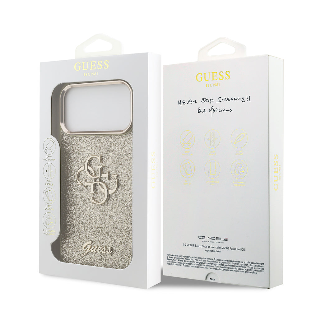 Guess iPhone 17 Pro Max Orjinal Lisanslı 4G Büyük Metal Kamera Çerçeveli ve Logolu Glitter Kılıf
