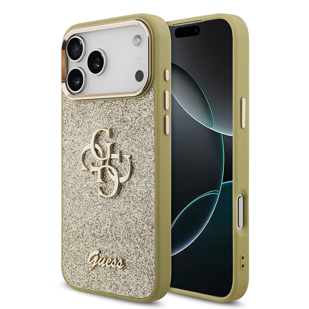 Guess iPhone 17 Pro Max Orjinal Lisanslı 4G Büyük Metal Kamera Çerçeveli ve Logolu Glitter Kılıf