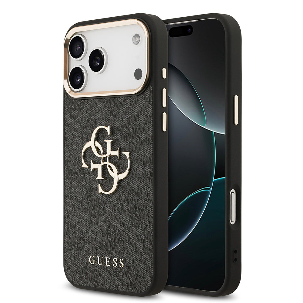 Guess iPhone 17 Pro Max Orjinal Lisanslı Gold Metal Kamera Çerçeveli 4G Desenli Metal Büyük 4G ve Yazı Logolu Telefon Kılıfı