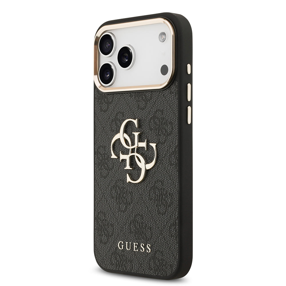 Guess iPhone 17 Pro Max Orjinal Lisanslı Gold Metal Kamera Çerçeveli 4G Desenli Metal Büyük 4G ve Yazı Logolu Kılıf