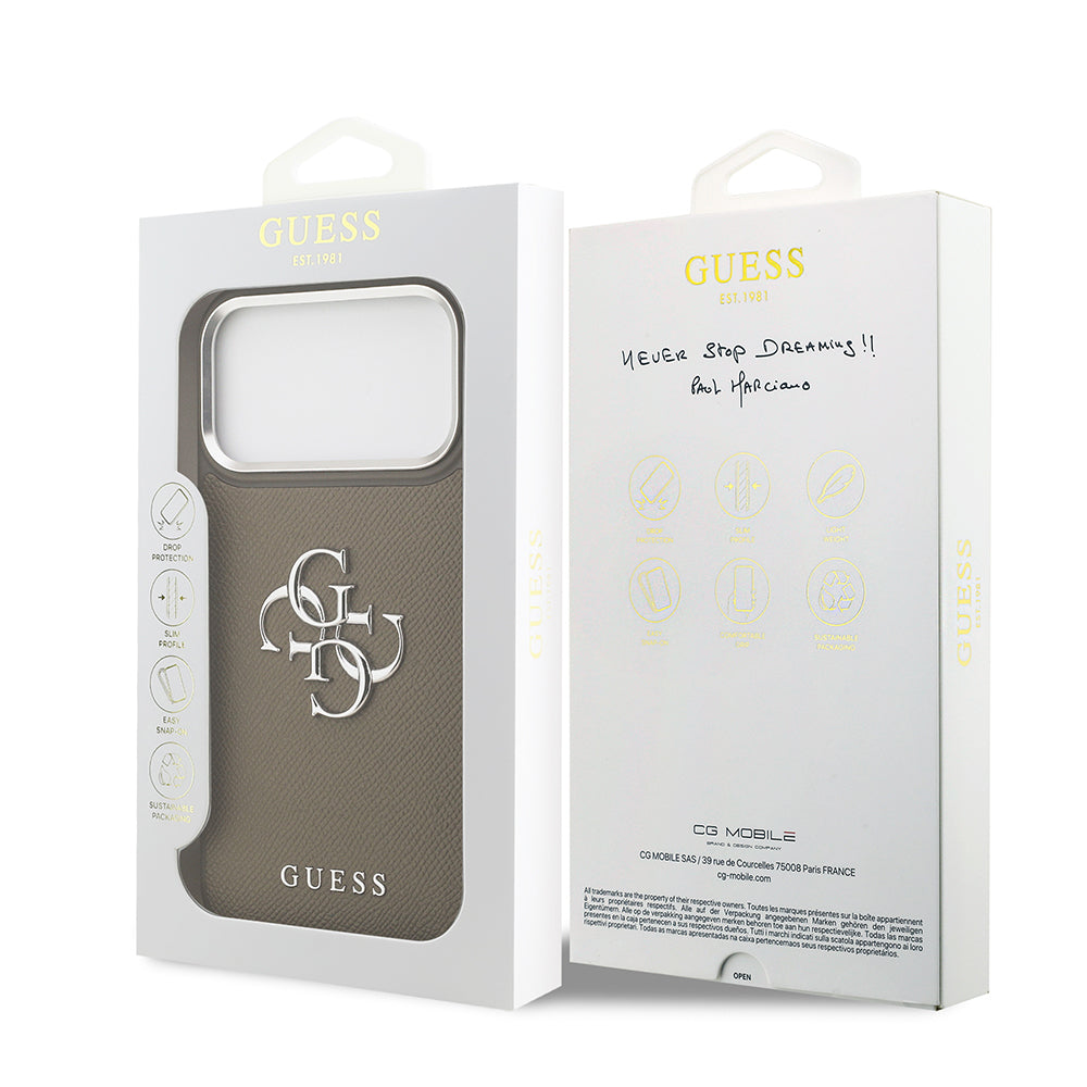 Guess iPhone 17 Pro Max Orjinal Lisanslı Grained 4G Metal Büyük Logolu Telefon Kılıfı