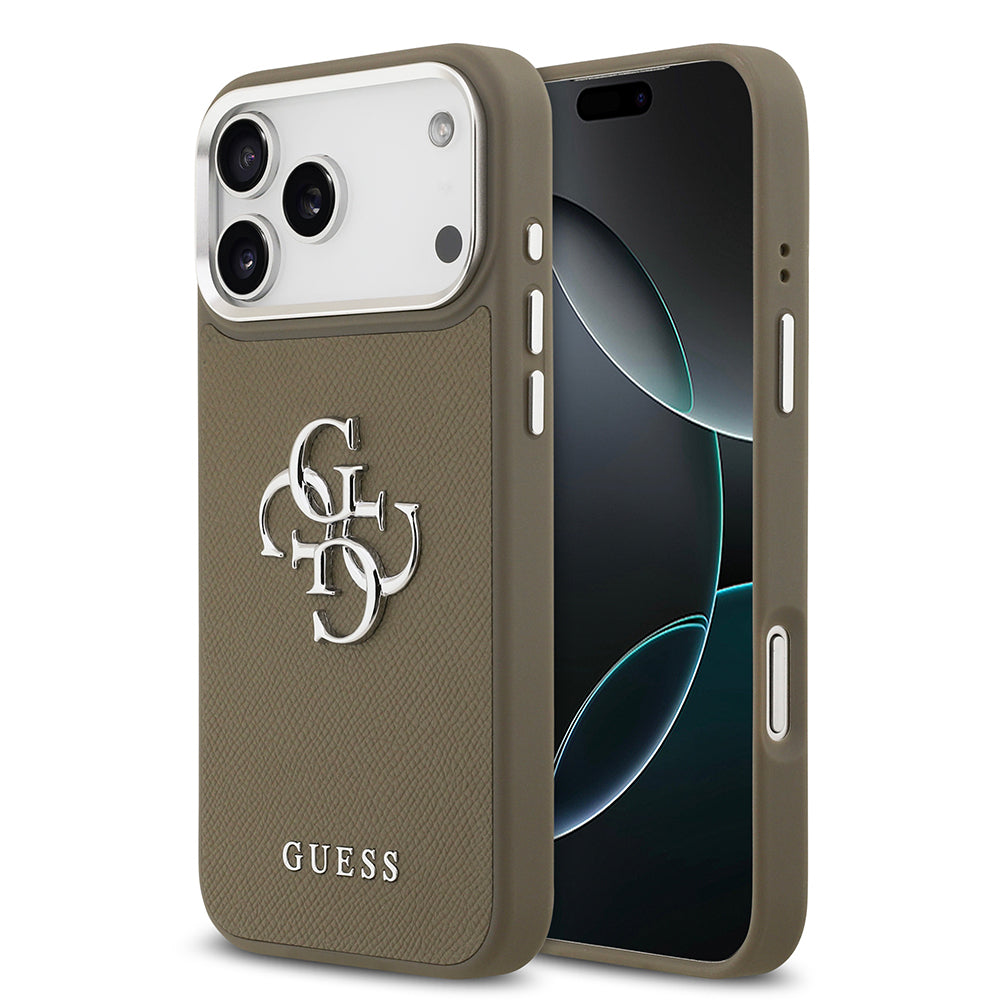 Guess iPhone 17 Pro Max Orjinal Lisanslı Grained 4G Metal Büyük Logolu Telefon Kılıfı