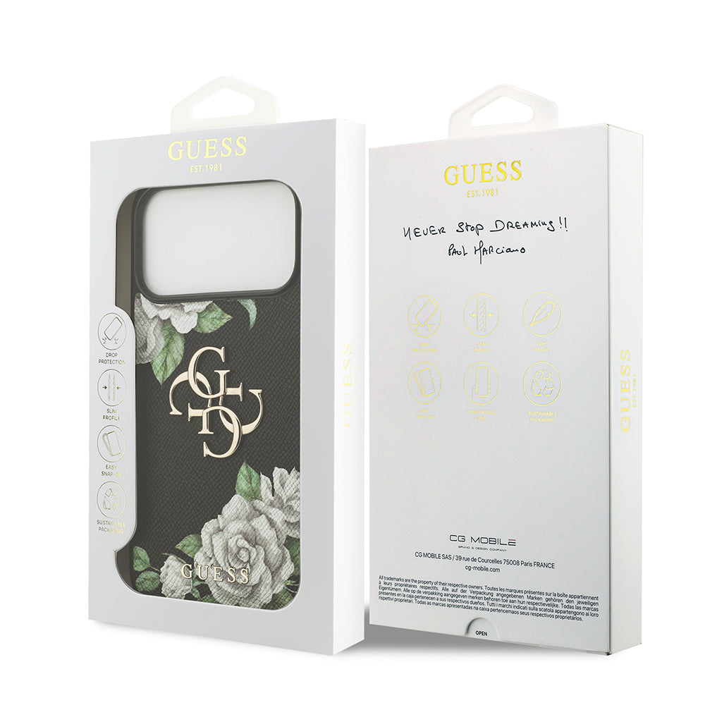 Guess iPhone 17 Pro Max Orjinal Lisanslı Gül Baskılı Büyük Metal Logo Dizaynlı Kılıf