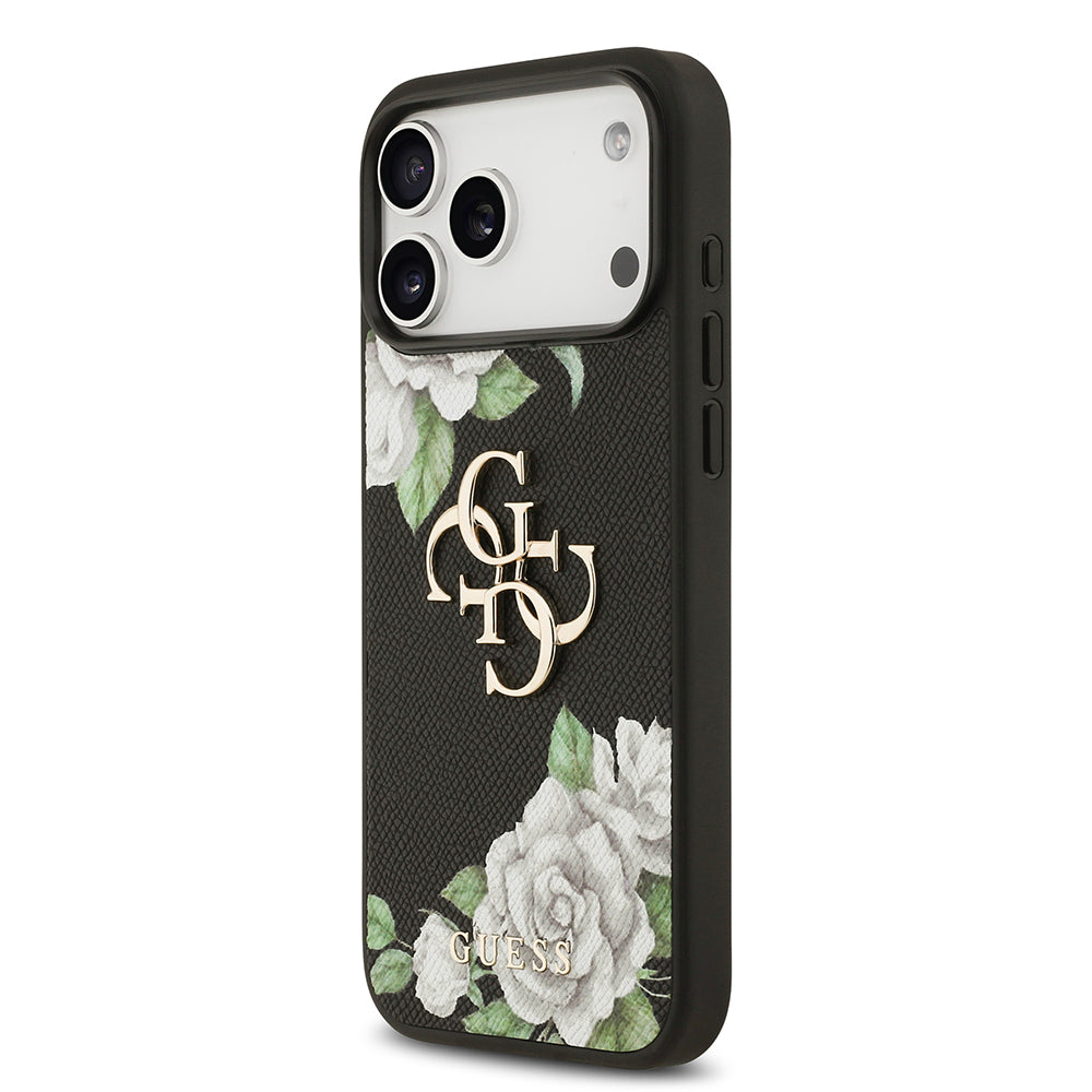 Guess iPhone 17 Pro Max Orjinal Lisanslı Gül Baskılı Büyük Metal Logo Dizaynlı Kılıf