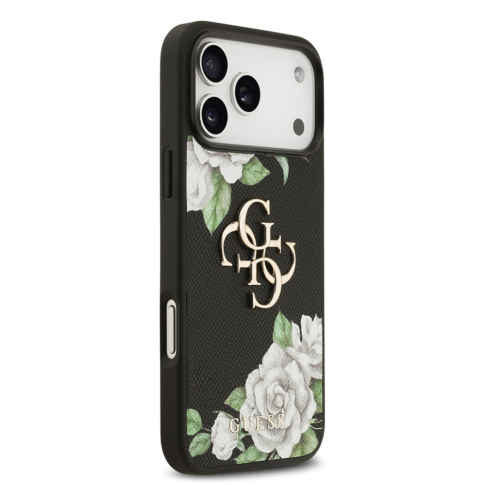 Guess iPhone 17 Pro Max Orjinal Lisanslı Gül Baskılı Büyük Metal Logo Dizaynlı Kılıf