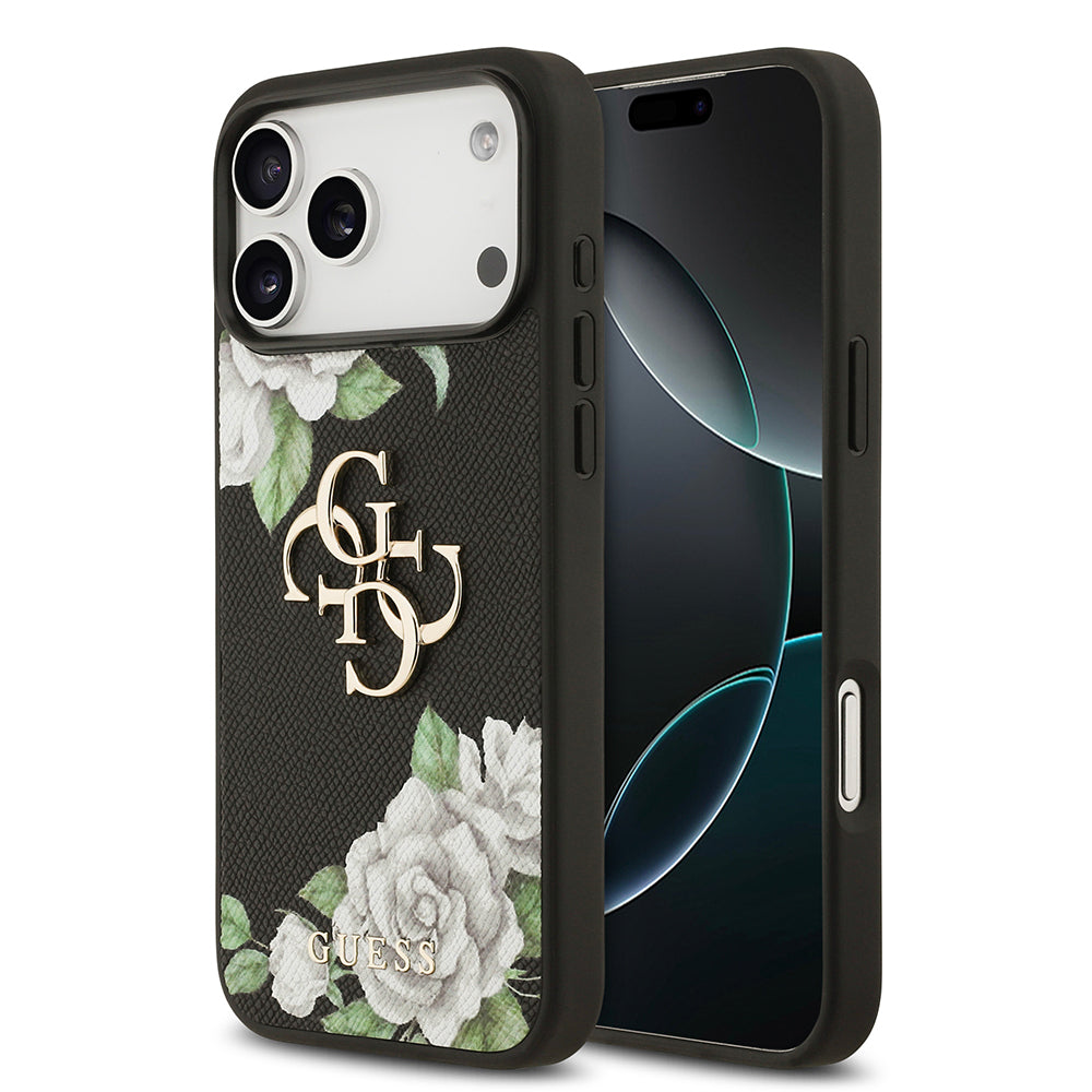 Guess iPhone 17 Pro Max Orjinal Lisanslı Gül Baskılı Büyük Metal Logo Dizaynlı Kılıf